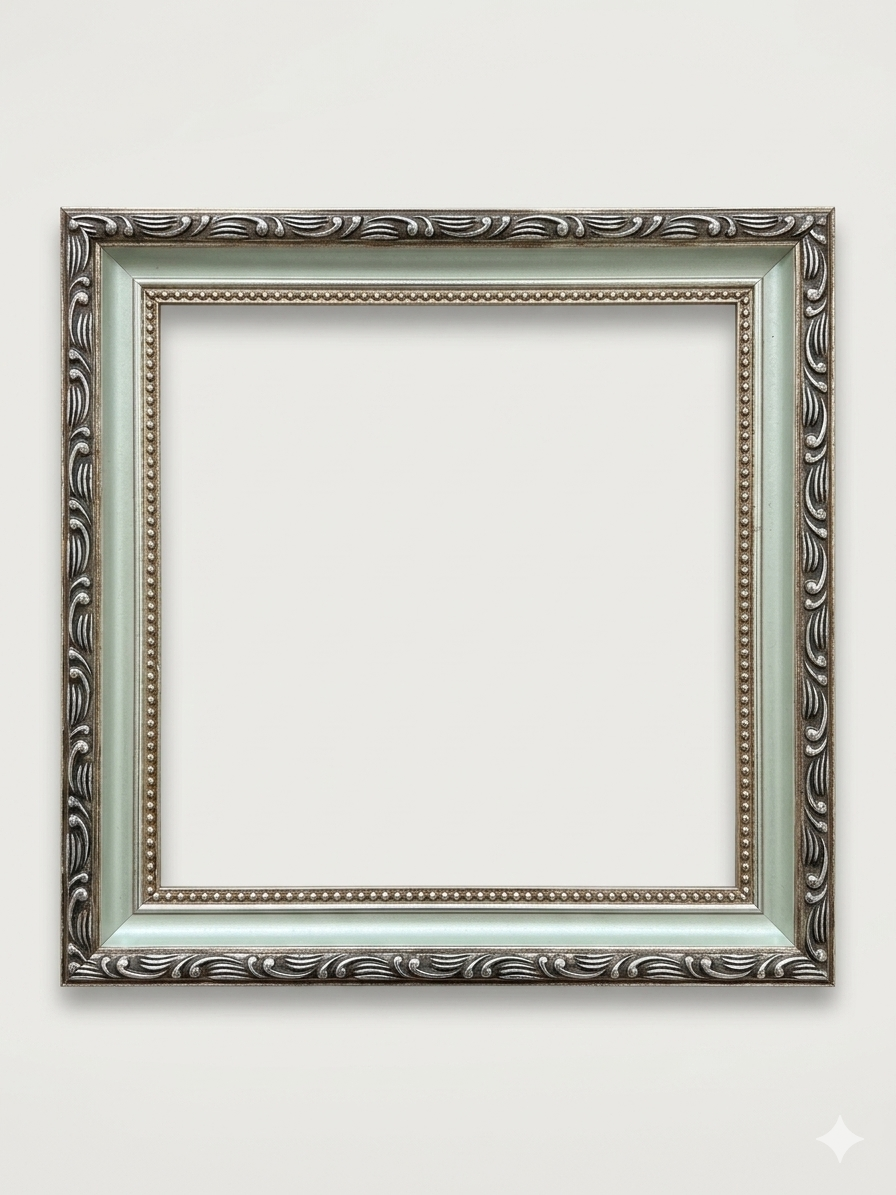 Pale seafoam green with ornate wooden frame